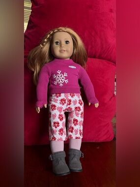 American Girl Pink Snowflake Sweater with Red Floral Pants